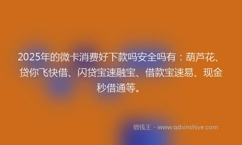 2025年的微卡消费好下款吗安全吗有：葫芦花、贷你飞快借、闪贷宝速融宝、借款宝速易、现金秒借通等。