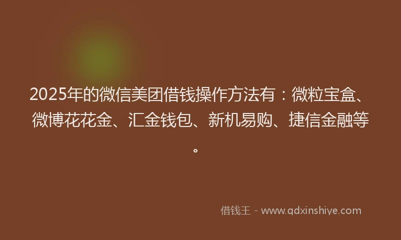 2025年的微信美团借钱操作方法有：微粒宝盒、微博花花金、汇金钱包、新机易购、捷信金融等。