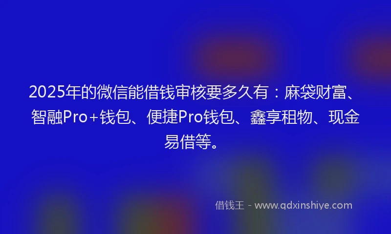 2025年的微信能借钱审核要多久有：麻袋财富、智融Pro+钱包、便捷Pro钱包、鑫享租物、现金易借等。