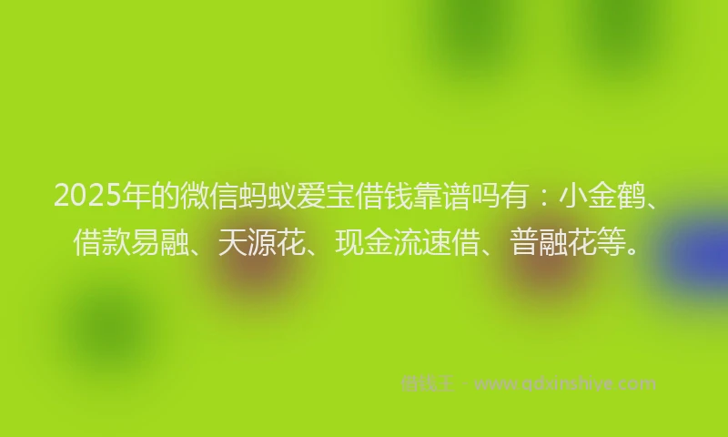 2025年的微信蚂蚁爱宝借钱靠谱吗有：小金鹤、借款易融、天源花、现金流速借、普融花等。