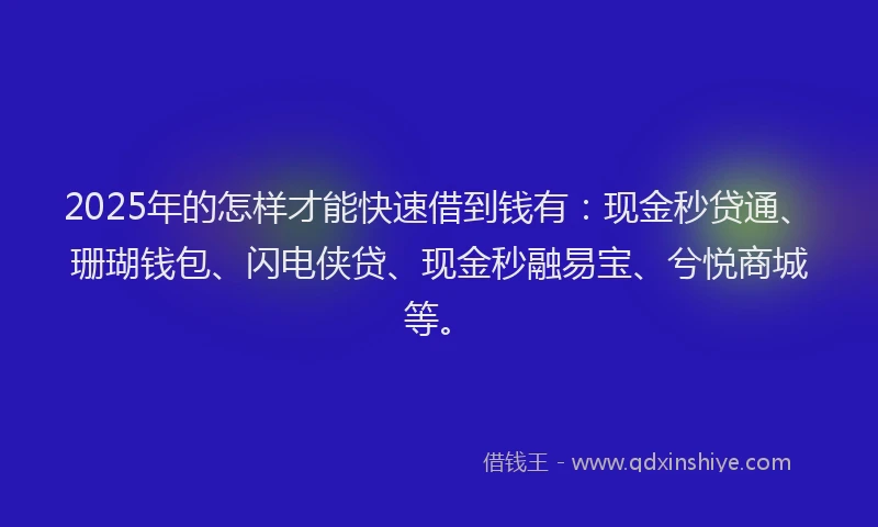 2025年的怎样才能快速借到钱有：现金秒贷通、珊瑚钱包、闪电侠贷、现金秒融易宝、兮悦商城等。