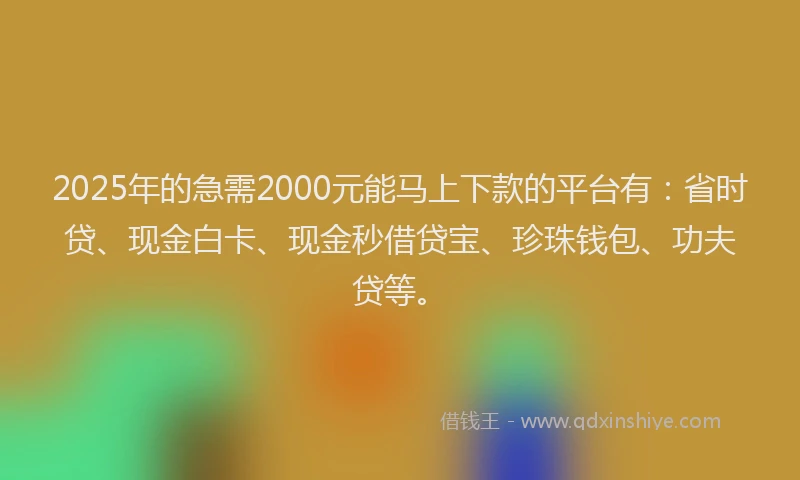 2025年的急需2000元能马上下款的平台有：省时贷、现金白卡、现金秒借贷宝、珍珠钱包、功夫贷等。