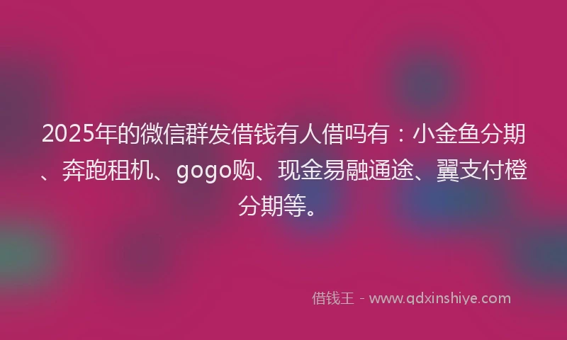 2025年的微信群发借钱有人借吗有：小金鱼分期、奔跑租机、gogo购、现金易融通途、翼支付橙分期等。