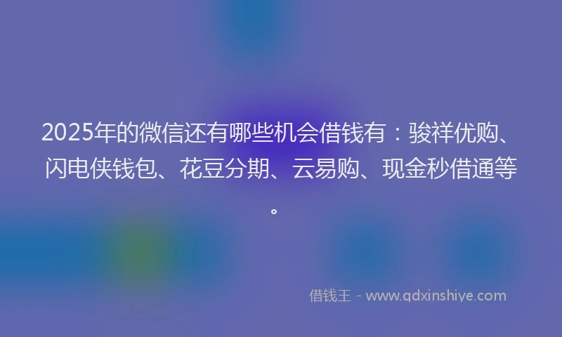 2025年的微信还有哪些机会借钱有：骏祥优购、闪电侠钱包、花豆分期、云易购、现金秒借通等。