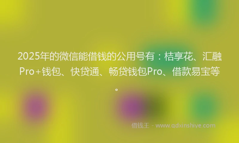 2025年的微信能借钱的公用号有：桔享花、汇融Pro+钱包、快贷通、畅贷钱包Pro、借款易宝等。