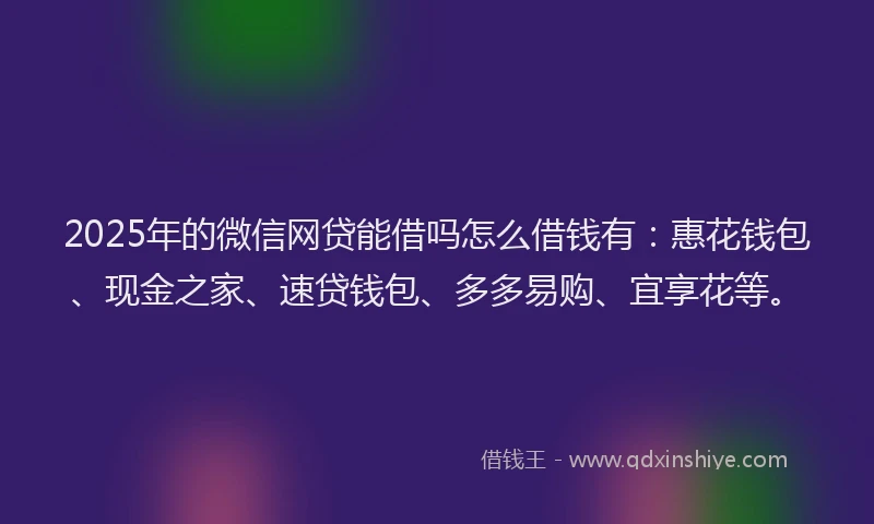 2025年的微信网贷能借吗怎么借钱有：惠花钱包、现金之家、速贷钱包、多多易购、宜享花等。