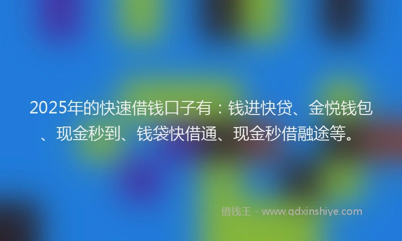 2025年的快速借钱口子有：钱进快贷、金悦钱包、现金秒到、钱袋快借通、现金秒借融途等。