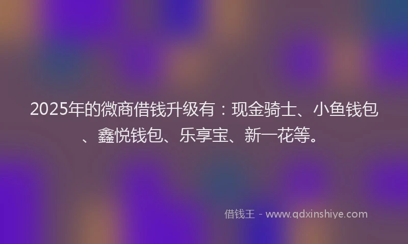 2025年的微商借钱升级有：现金骑士、小鱼钱包、鑫悦钱包、乐享宝、新一花等。