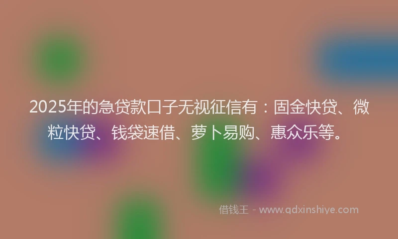 2025年的急贷款口子无视征信有：固金快贷、微粒快贷、钱袋速借、萝卜易购、惠众乐等。