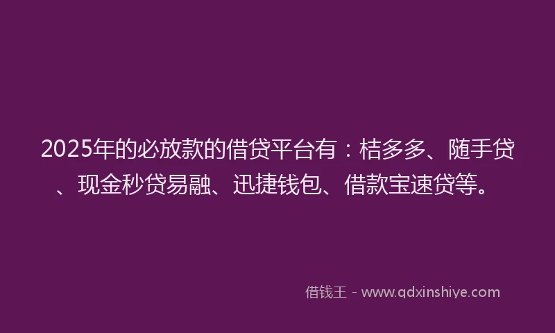 2025年的必放款的借贷平台有：桔多多、随手贷、现金秒贷易融、迅捷钱包、借款宝速贷等。