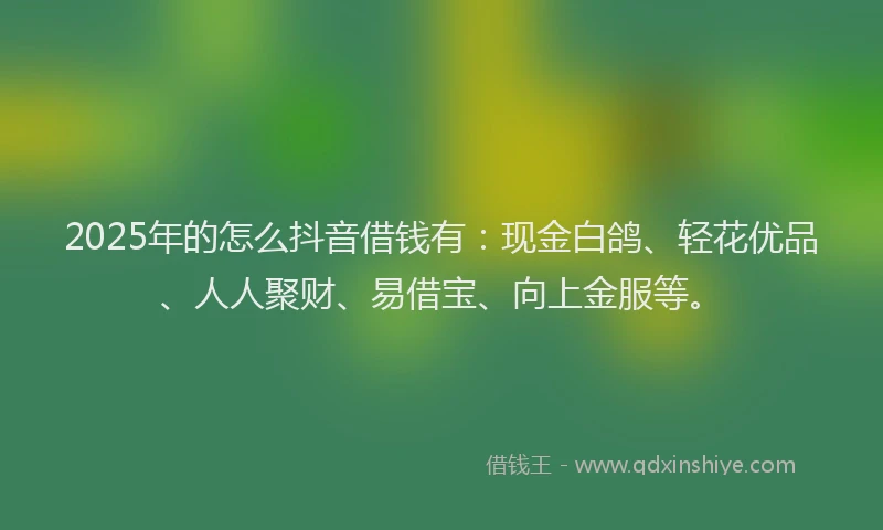 2025年的怎么抖音借钱有:现金白鸽、轻花优品、人人聚财、易借宝、向上金服等。