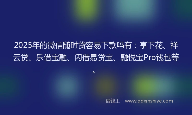 2025年的微信随时贷容易下款吗有：享下花、祥云贷、乐借宝融、闪借易贷宝、融悦宝Pro钱包等。