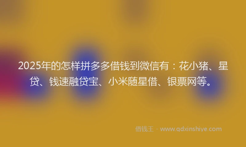 2025年的怎样拼多多借钱到微信有：花小猪、星贷、钱速融贷宝、小米随星借、银票网等。