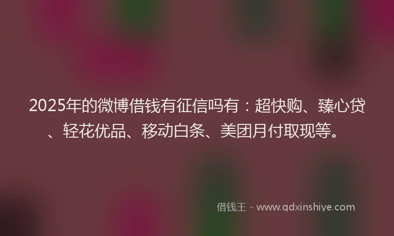 2025年的微博借钱有征信吗有：超快购、臻心贷、轻花优品、移动白条、美团月付取现等。