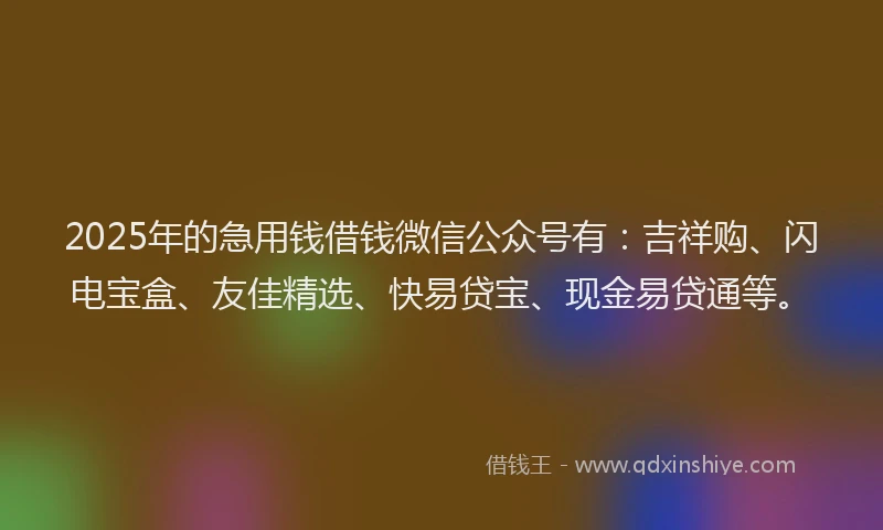 2025年的急用钱借钱微信公众号有：吉祥购、闪电宝盒、友佳精选、快易贷宝、现金易贷通等。
