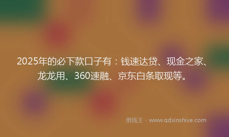 2025年的必下款口子有：钱速达贷、现金之家、龙龙用、360速融、京东白条取现等。