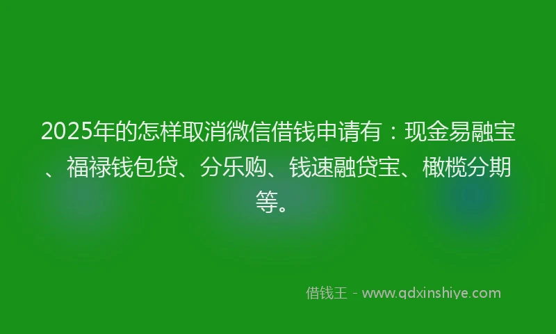 2025年的怎样取消微信借钱申请有：现金易融宝、福禄钱包贷、分乐购、钱速融贷宝、橄榄分期等。