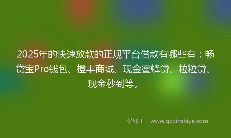 2025年的快速放款的正规平台借款有哪些有：畅贷宝Pro钱包、橙丰商城、现金蜜蜂贷、粒粒贷、现金秒到等。