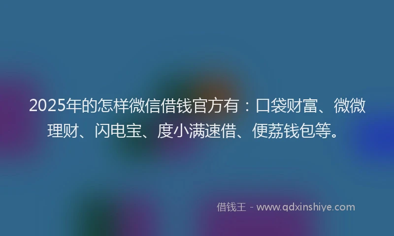 2025年的怎样微信借钱官方有：口袋财富、微微理财、闪电宝、度小满速借、便荔钱包等。