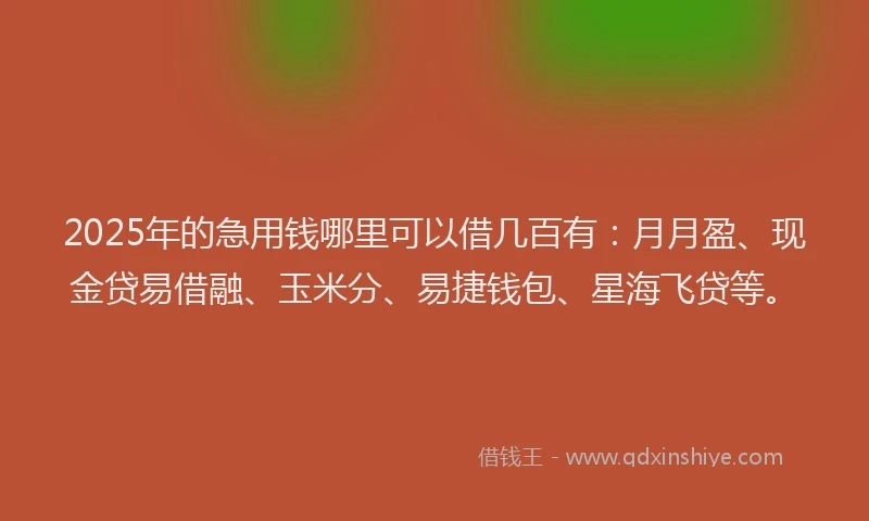 2025年的急用钱哪里可以借几百有：月月盈、现金贷易借融、玉米分、易捷钱包、星海飞贷等。