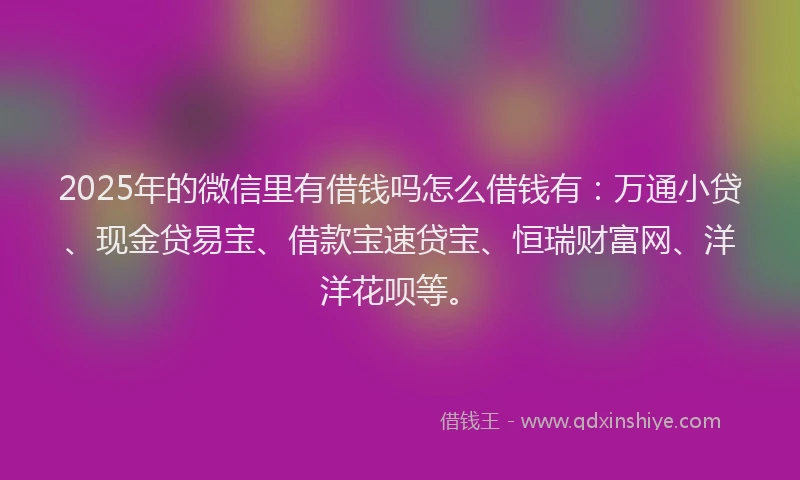 2025年的微信里有借钱吗怎么借钱有：万通小贷、现金贷易宝、借款宝速贷宝、恒瑞财富网、洋洋花呗等。