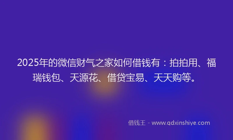 2025年的微信财气之家如何借钱有：拍拍用、福瑞钱包、天源花、借贷宝易、天天购等。