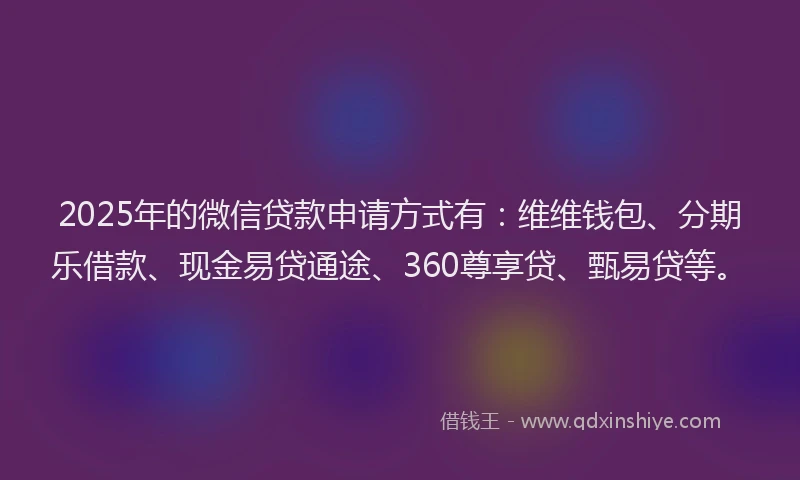 2025年的微信贷款申请方式有：维维钱包、分期乐借款、现金易贷通途、360尊享贷、甄易贷等。
