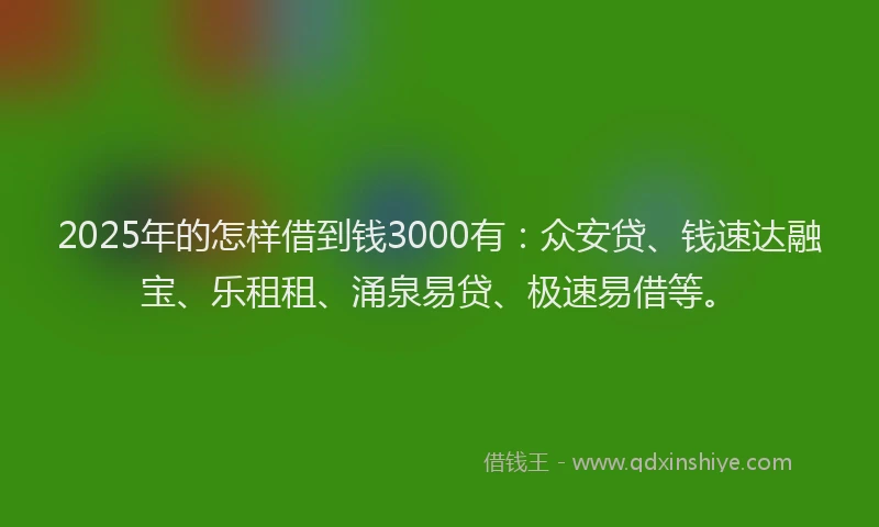 2025年的怎样借到钱3000有：众安贷、钱速达融宝、乐租租、涌泉易贷、极速易借等。