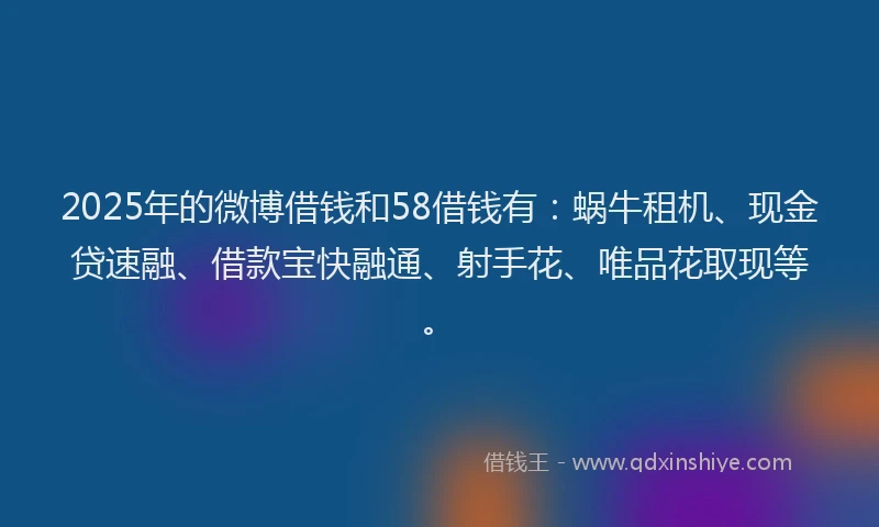 2025年的微博借钱和58借钱有：蜗牛租机、现金贷速融、借款宝快融通、射手花、唯品花取现等。