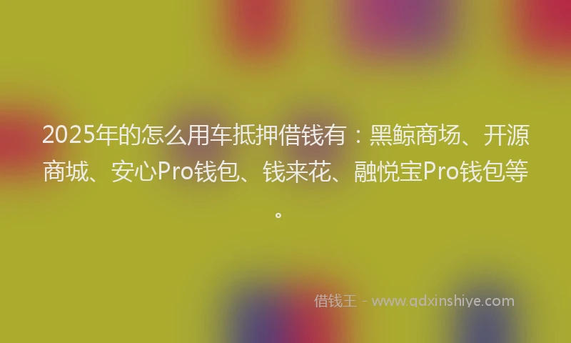 2025年的怎么用车抵押借钱有：黑鲸商场、开源商城、安心Pro钱包、钱来花、融悦宝Pro钱包等。