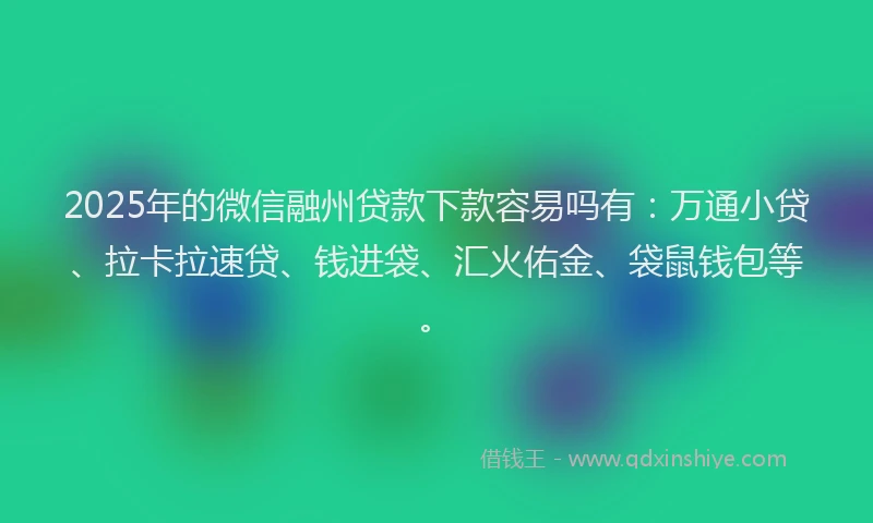 2025年的微信融州贷款下款容易吗有：万通小贷、拉卡拉速贷、钱进袋、汇火佑金、袋鼠钱包等。