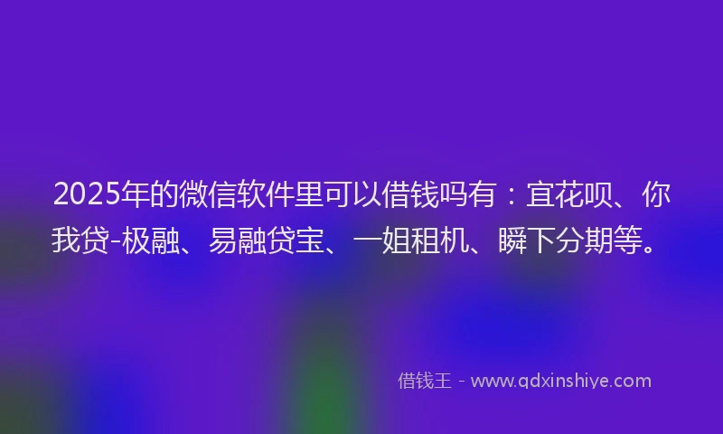2025年的微信软件里可以借钱吗有：宜花呗、你我贷-极融、易融贷宝、一姐租机、瞬下分期等。
