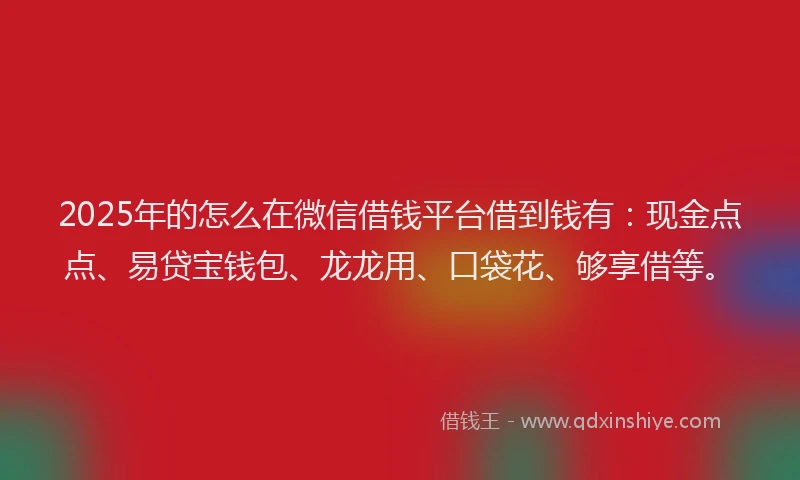 2025年的怎么在微信借钱平台借到钱有：现金点点、易贷宝钱包、龙龙用、口袋花、够享借等。