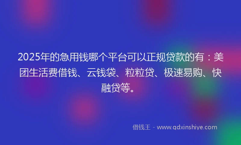2025年的急用钱哪个平台可以正规贷款的有：美团生活费借钱、云钱袋、粒粒贷、极速易购、快融贷等。