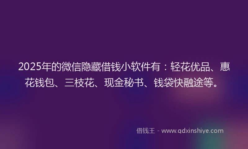 2025年的微信隐藏借钱小软件有:轻花优品、惠花钱包、三枝花、现金秘书、钱袋快融途等。