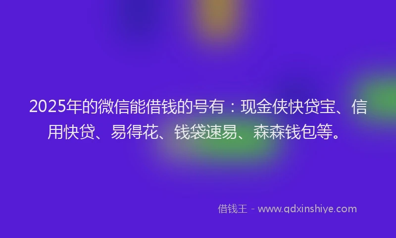 2025年的微信能借钱的号有：现金侠快贷宝、信用快贷、易得花、钱袋速易、森森钱包等。