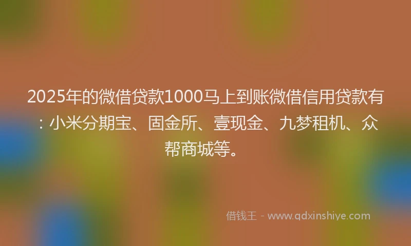 2025年的微借贷款1000马上到账微借信用贷款有：小米分期宝、固金所、壹现金、九梦租机、众帮商城等。