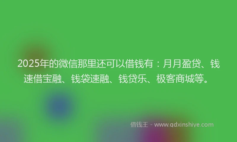 2025年的微信那里还可以借钱有：月月盈贷、钱速借宝融、钱袋速融、钱贷乐、极客商城等。