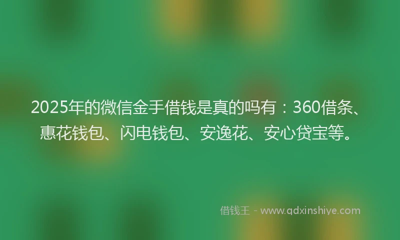2025年的微信金手借钱是真的吗有：360借条、惠花钱包、闪电钱包、安逸花、安心贷宝等。