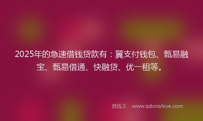 2025年的急速借钱贷款有：翼支付钱包、甄易融宝、甄易借通、快融贷、优一租等。