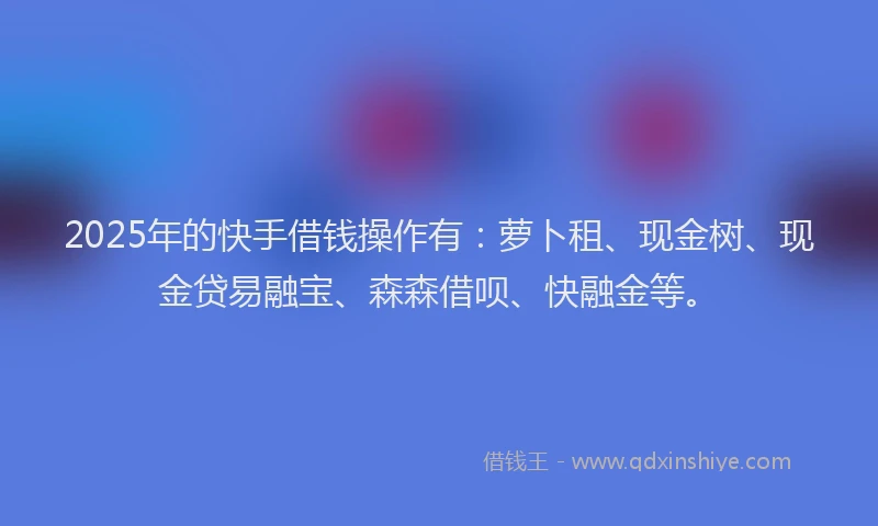 2025年的快手借钱操作有：萝卜租、现金树、现金贷易融宝、森森借呗、快融金等。