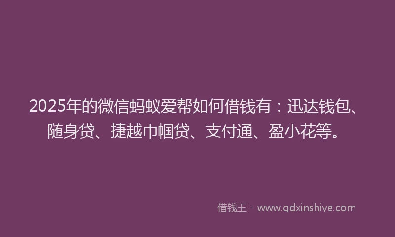 2025年的微信蚂蚁爱帮如何借钱有：迅达钱包、随身贷、捷越巾帼贷、支付通、盈小花等。