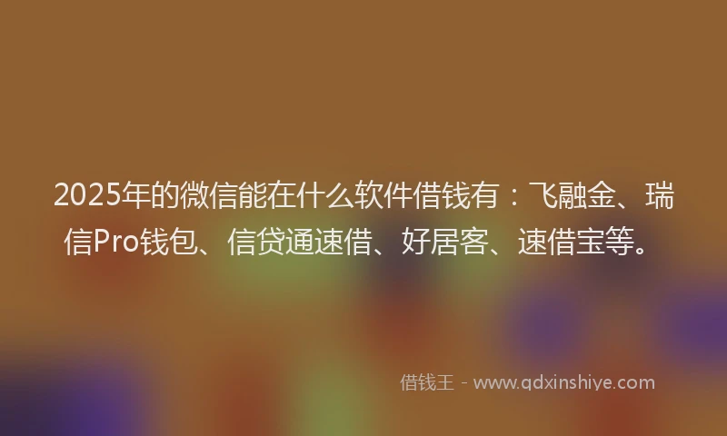 2025年的微信能在什么软件借钱有：飞融金、瑞信Pro钱包、信贷通速借、好居客、速借宝等。
