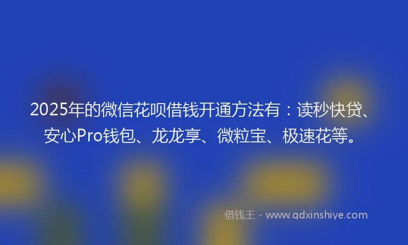2025年的微信花呗借钱开通方法有：读秒快贷、安心Pro钱包、龙龙享、微粒宝、极速花等。