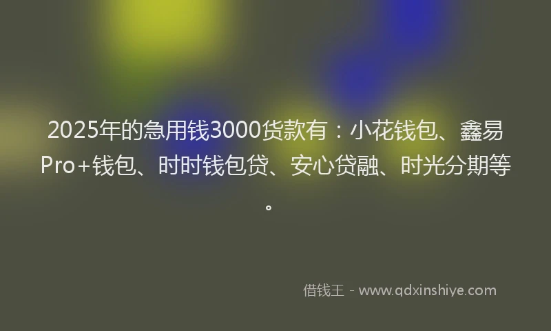 2025年的急用钱3000货款有：小花钱包、鑫易Pro+钱包、时时钱包贷、安心贷融、时光分期等。