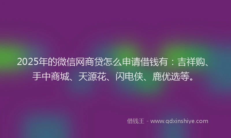 2025年的微信网商贷怎么申请借钱有：吉祥购、手中商城、天源花、闪电侠、鹿优选等。