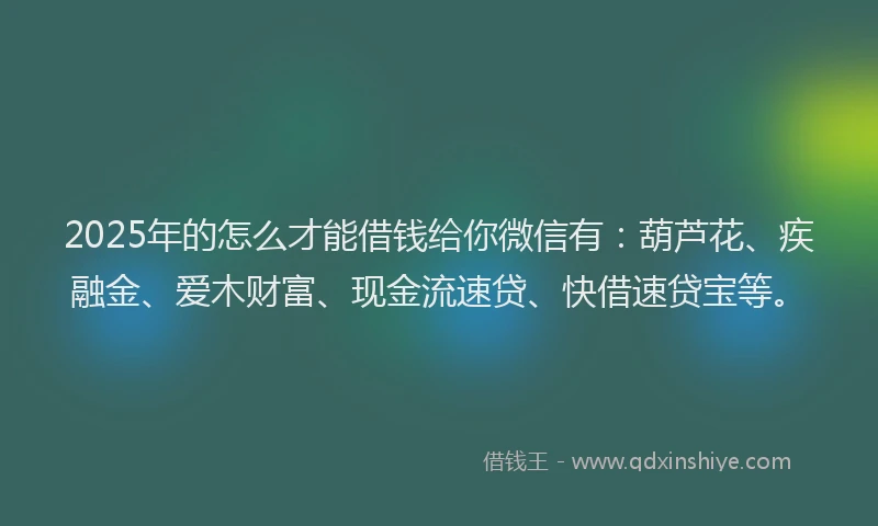 2025年的怎么才能借钱给你微信有：葫芦花、疾融金、爱木财富、现金流速贷、快借速贷宝等。