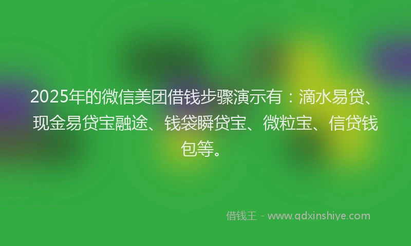 2025年的微信美团借钱步骤演示有：滴水易贷、现金易贷宝融途、钱袋瞬贷宝、微粒宝、信贷钱包等。