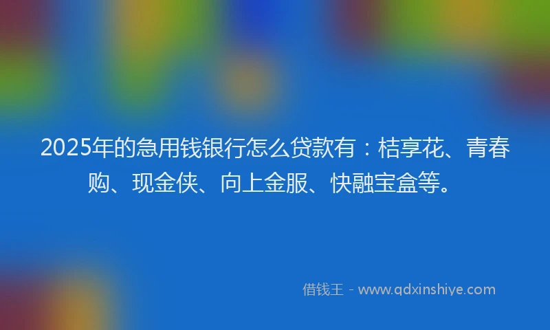 2025年的急用钱银行怎么贷款有：桔享花、青春购、现金侠、向上金服、快融宝盒等。