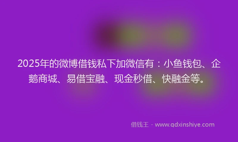 2025年的微博借钱私下加微信有：小鱼钱包、企鹅商城、易借宝融、现金秒借、快融金等。